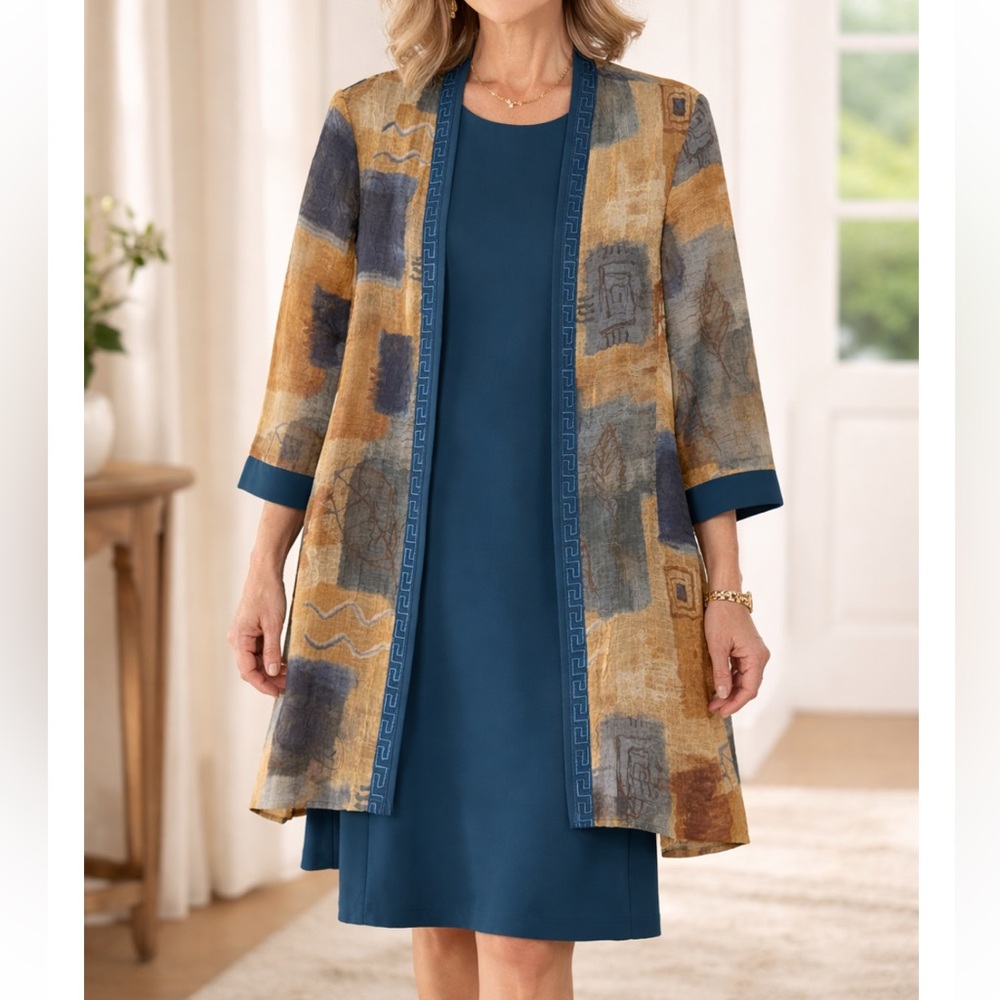 Guilia Vintage Two Piece Dress with Multicolor Patterned Chiffon Jacket
